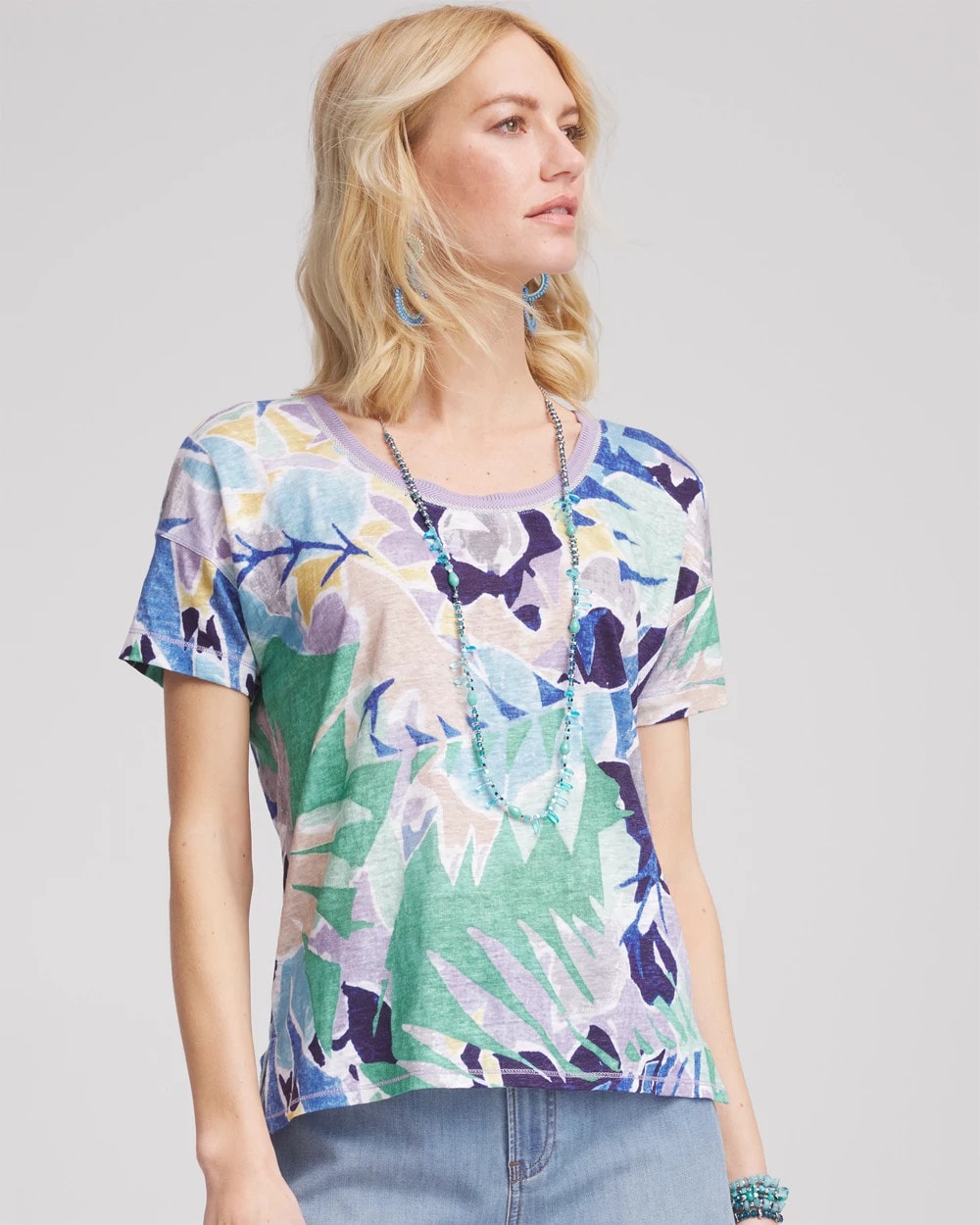 Chico's Tropical Nights Sweater-Trim Linen Tee