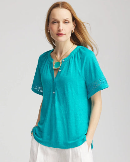 Chico's Linen Lace-Cutwork Sleeve Henley Tee