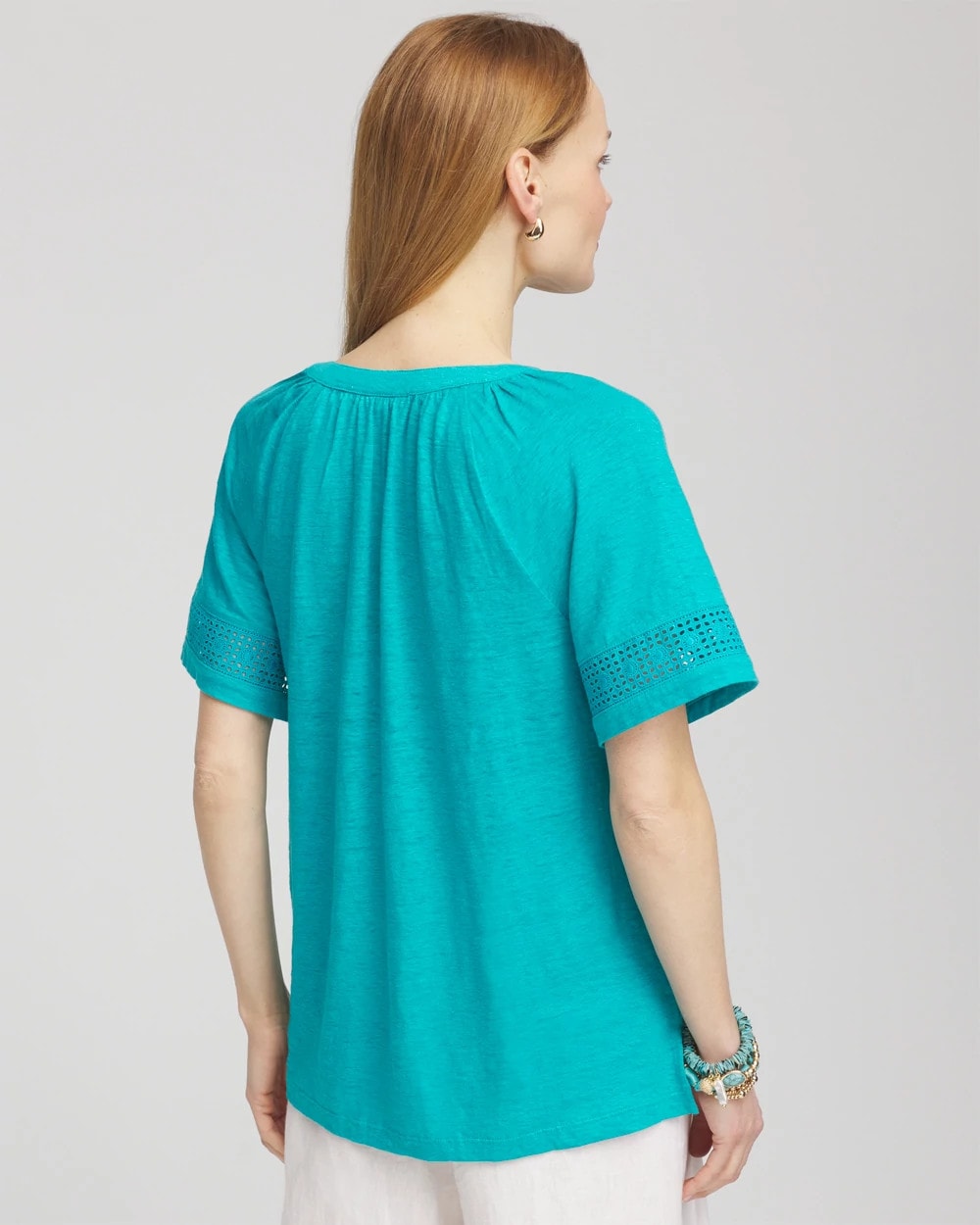 Chico's Linen Lace-Cutwork Sleeve Henley Tee