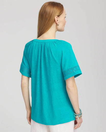 Chico's Linen Lace-Cutwork Sleeve Henley Tee