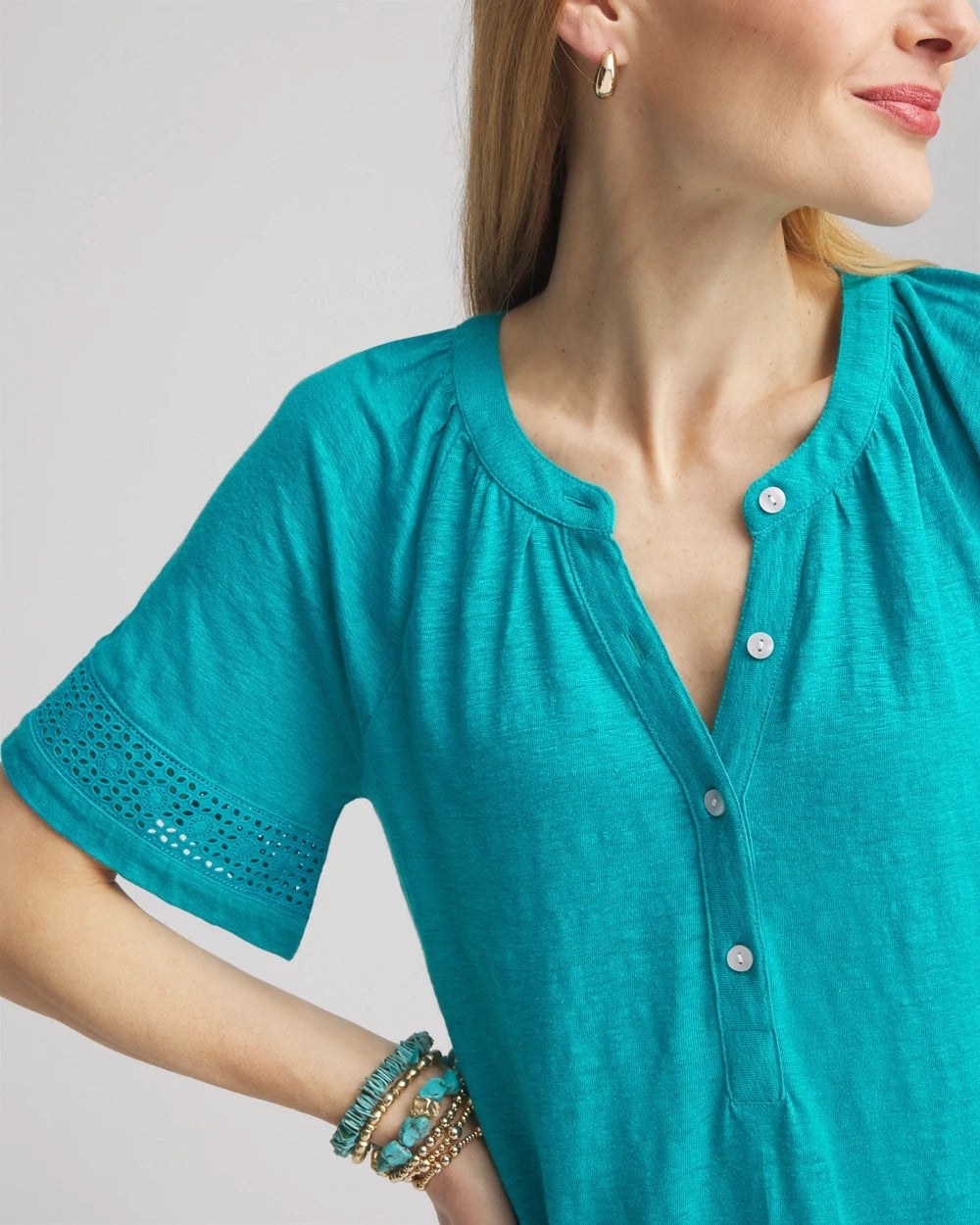 Chico's Linen Lace-Cutwork Sleeve Henley Tee