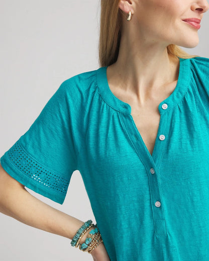Chico's Linen Lace-Cutwork Sleeve Henley Tee