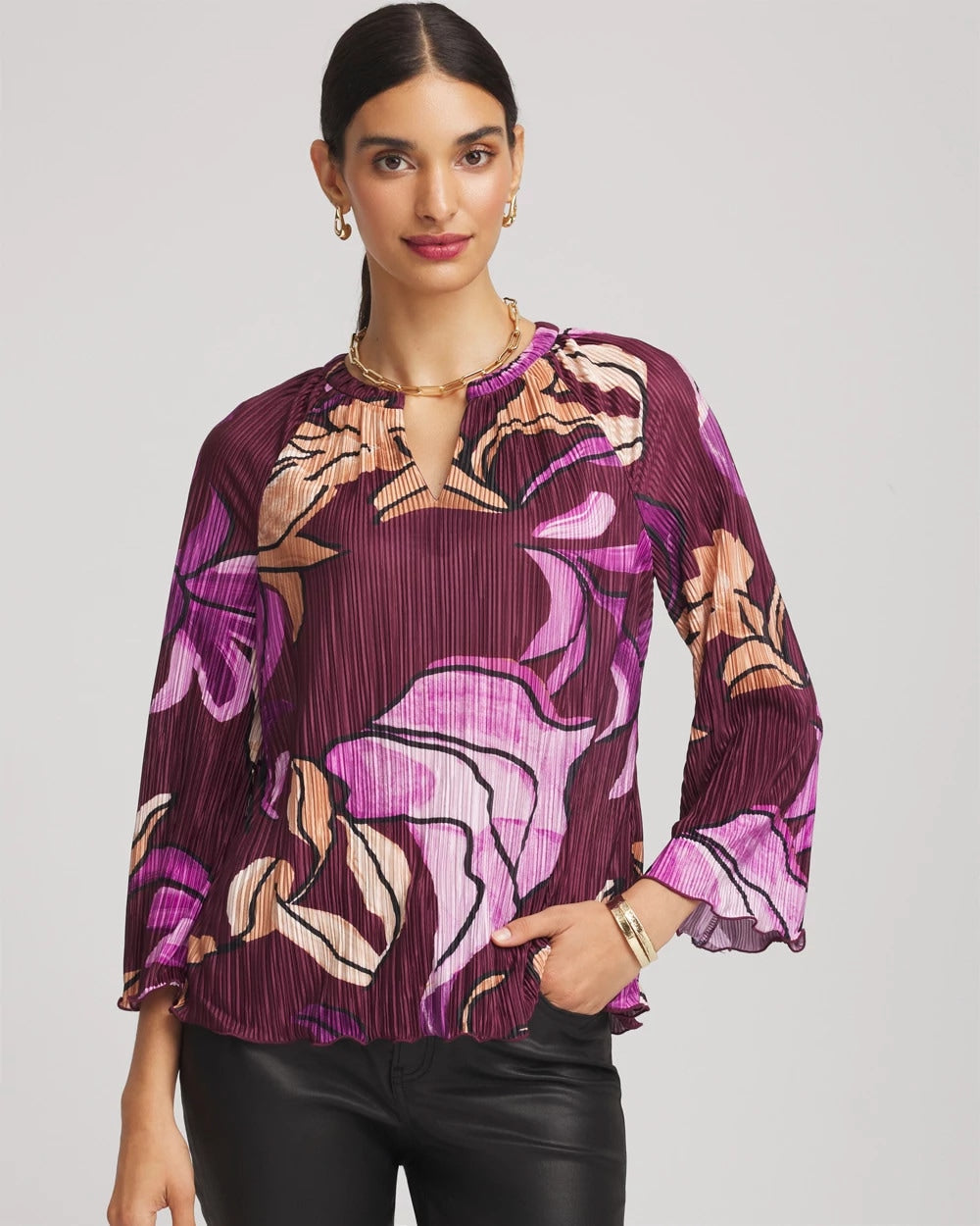 Chico's Printed Pleated V-Neck Tee