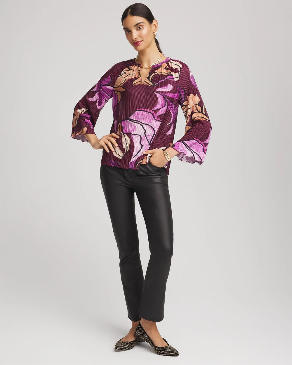 Chico's Printed Pleated V-Neck Tee