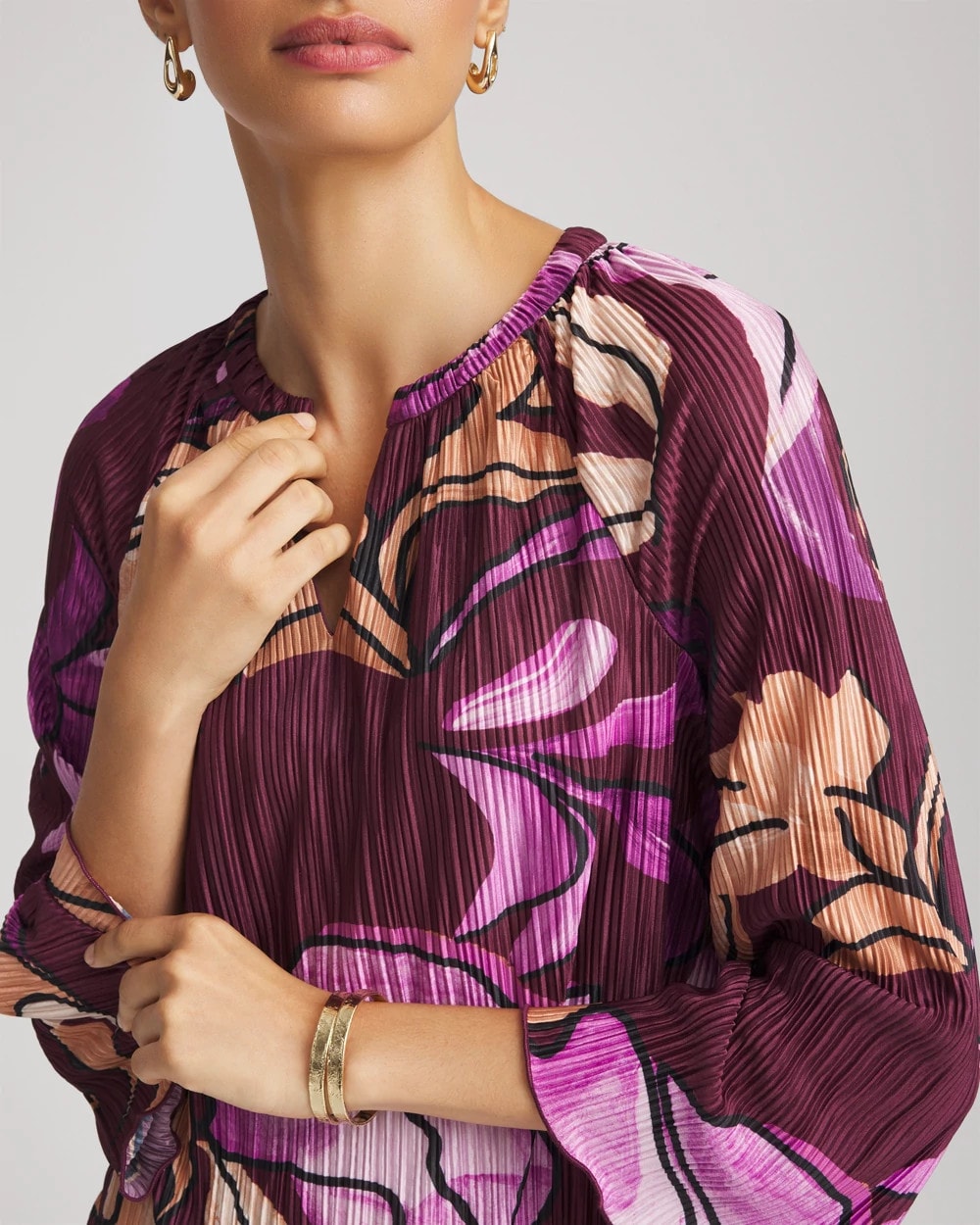 Chico's Printed Pleated V-Neck Tee