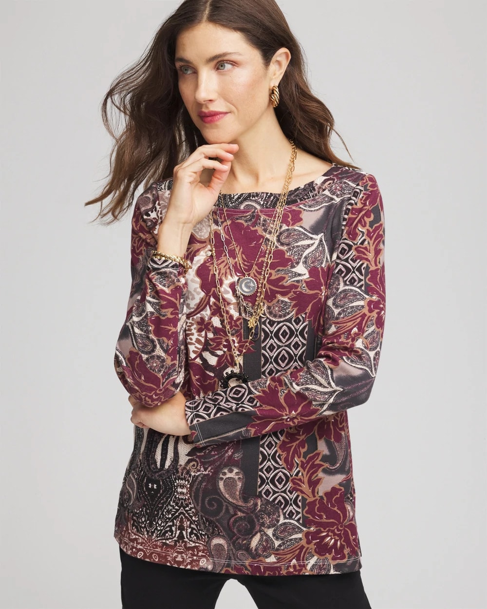 Chico's Printed Pima Cotton Bateau-Neck Tee