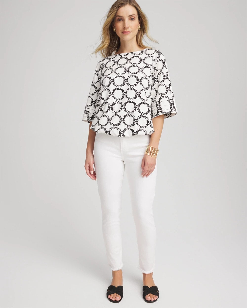 Chico's Geo Print Boatneck Bubble-Hem Top