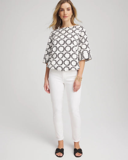 Chico's Geo Print Boatneck Bubble-Hem Top