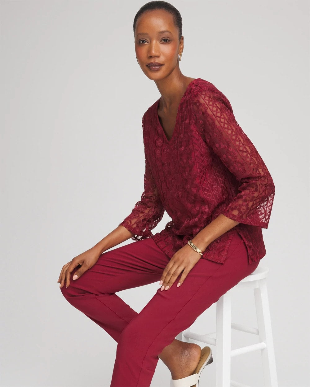 Chico's Embroidered Mesh Tunic Top