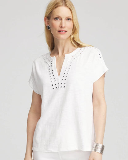 Chico's Paillette Trim Cotton Slub Tee