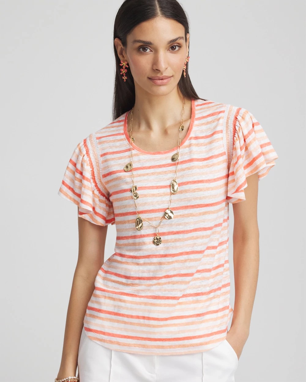 Chico's Striped Linen Smocked Flutter-Sleeved Tee