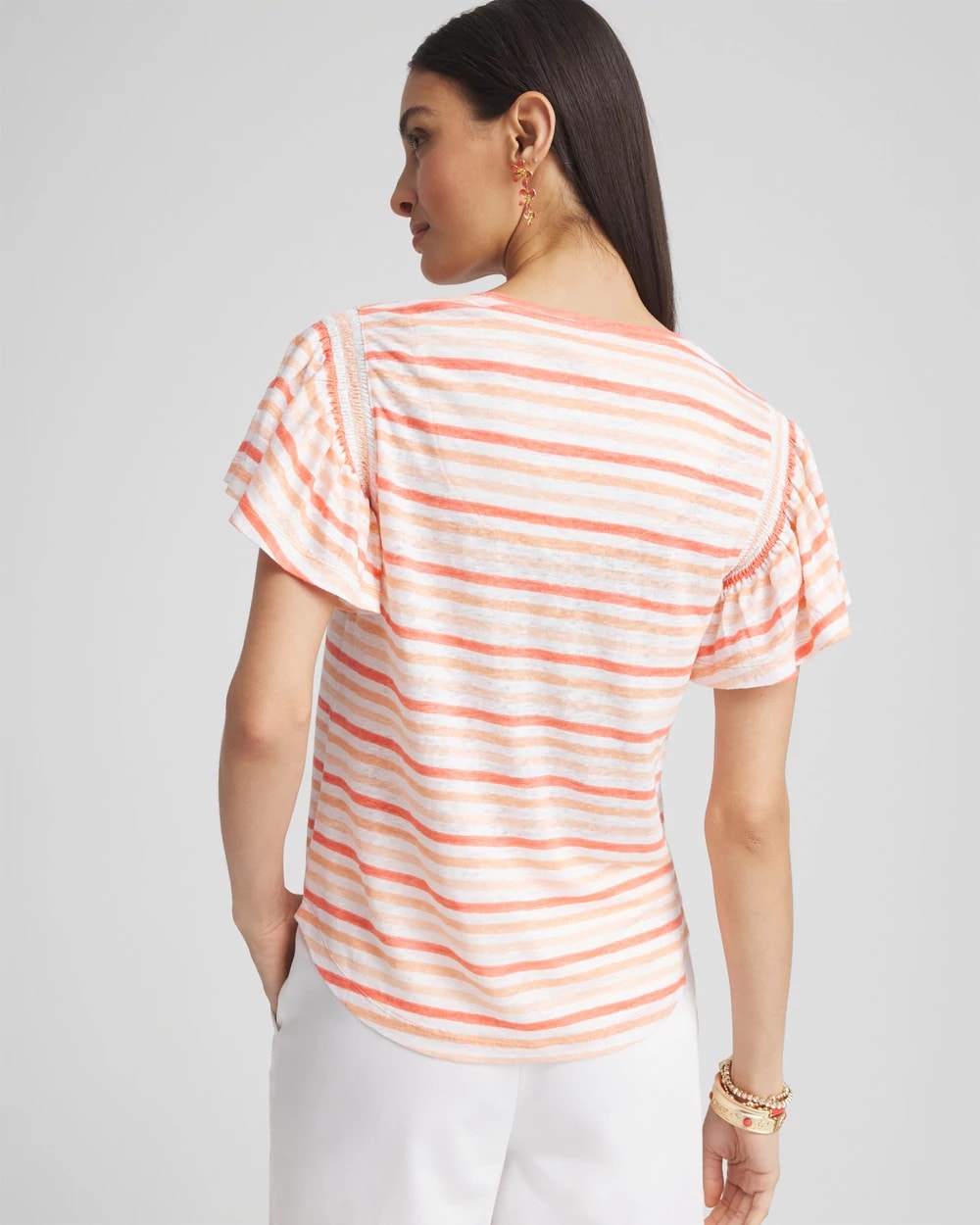 Chico's Striped Linen Smocked Flutter-Sleeved Tee