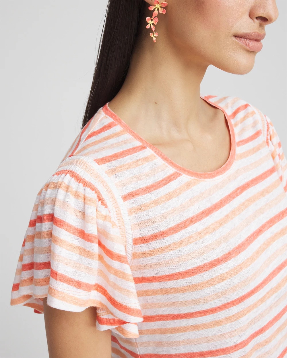 Chico's Striped Linen Smocked Flutter-Sleeved Tee