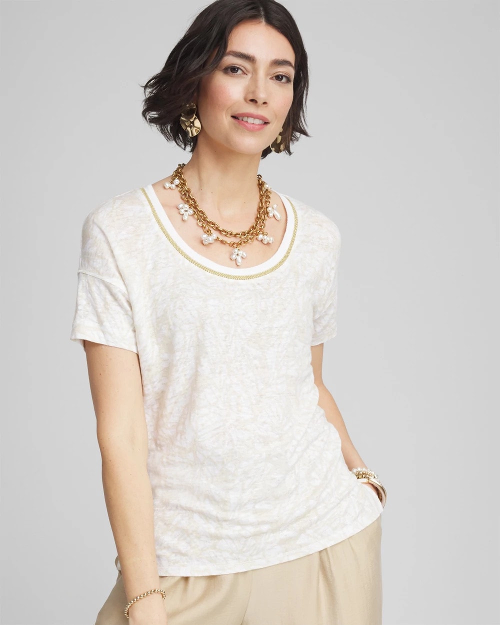 Chico's Printed Sweater Trim Linen Tee
