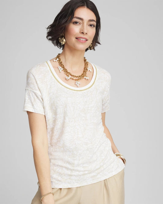 Chico's Printed Sweater Trim Linen Tee
