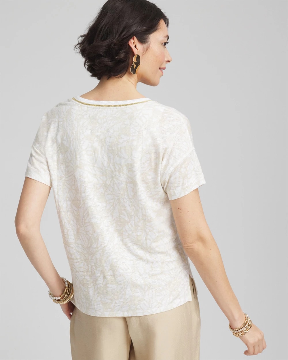 Chico's Printed Sweater Trim Linen Tee