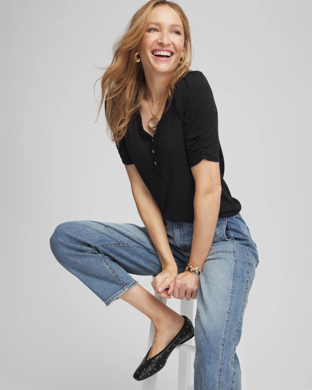 Chico's Slub Split Neck Henley Tee