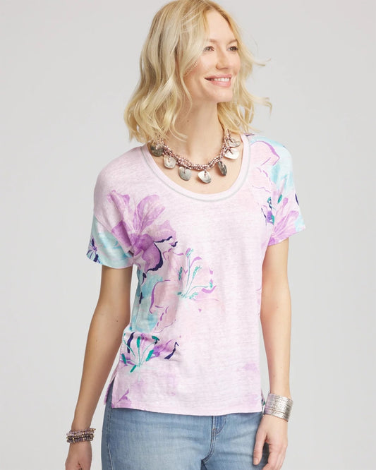 Chico's Floral Sweater-Trim Linen Tee