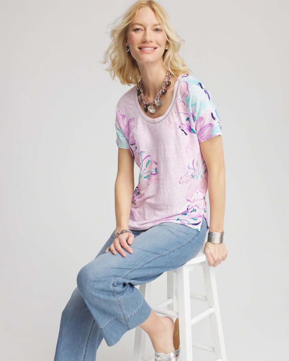 Chico's Floral Sweater-Trim Linen Tee
