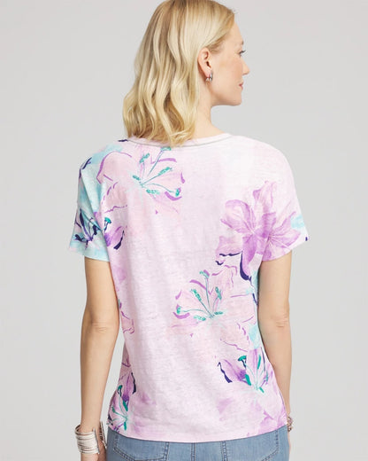 Chico's Floral Sweater-Trim Linen Tee