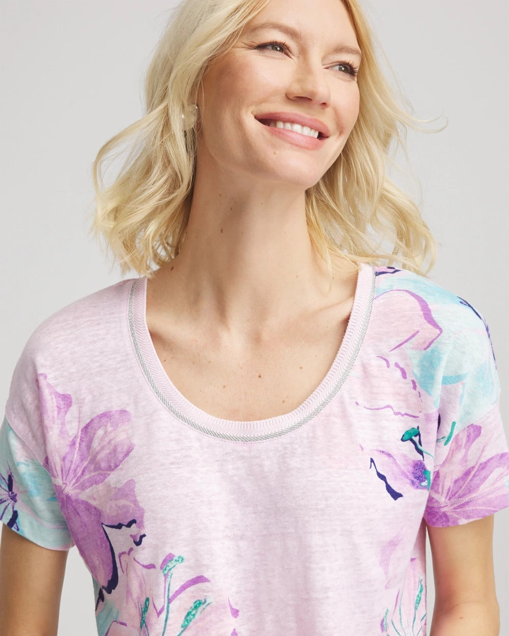 Chico's Floral Sweater-Trim Linen Tee
