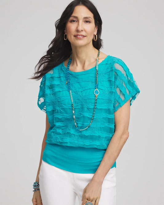 Chico's Embroidered Striped Banded Bottom Top