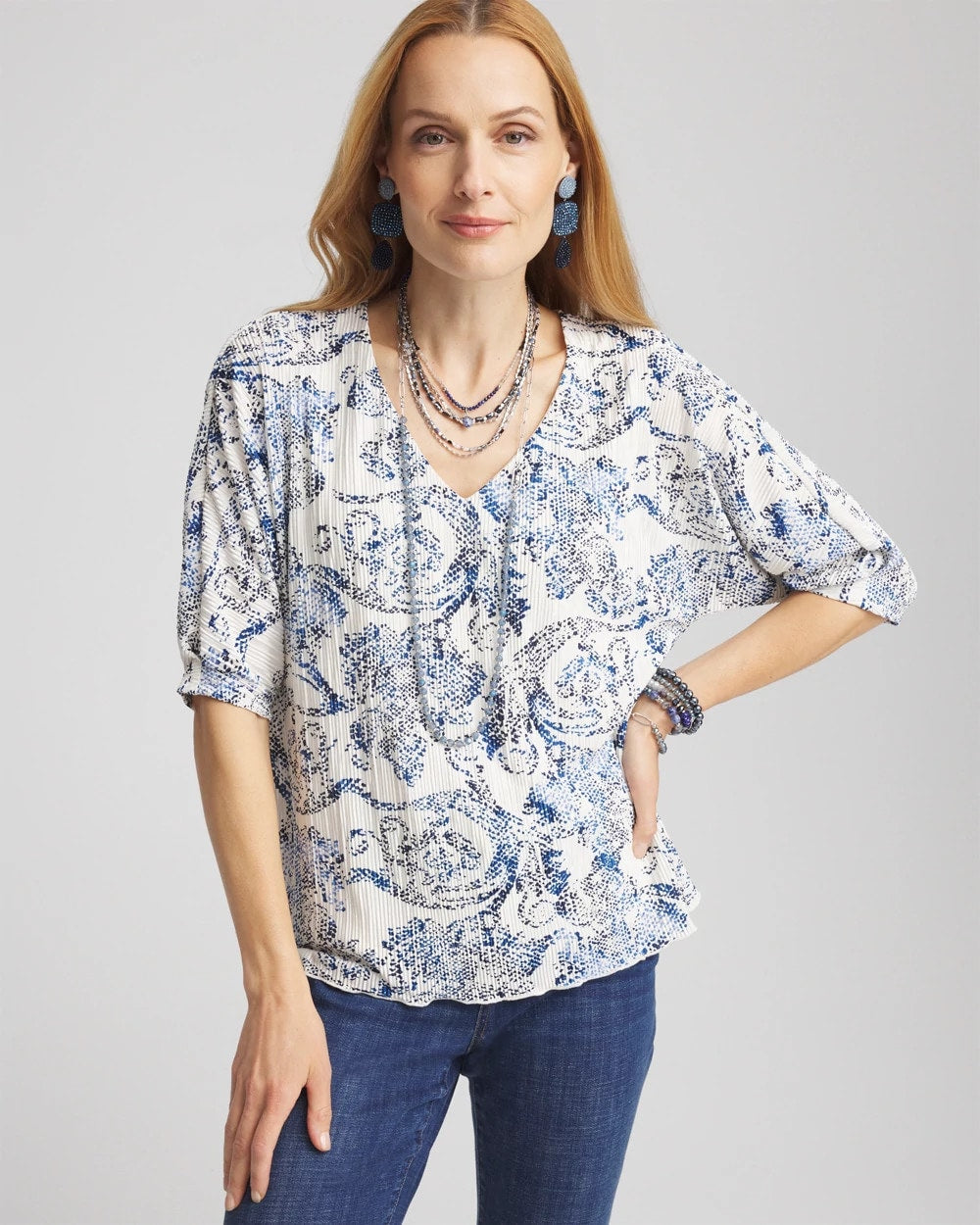 Chico's Snakeskin Print Crinkle Elbow Sleeve Tee