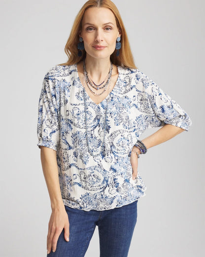 Chico's Snakeskin Print Crinkle Elbow Sleeve Tee
