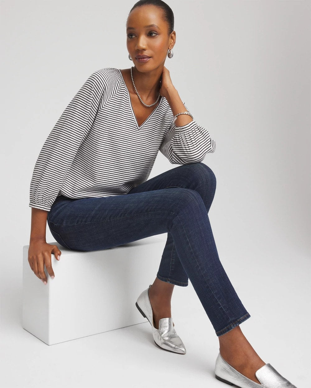 Chico's Striped Crinkled Raglan Top