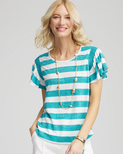 Chico's Linen Metallic Striped Flutter-Sleeve Tee