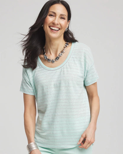 Chico's Striped Sweater-Trim Linen Tee