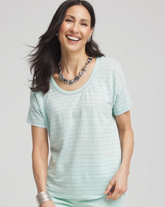 Chico's Striped Sweater-Trim Linen Tee