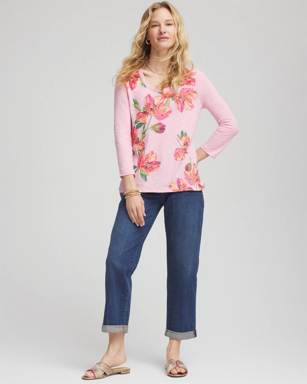 Chico's Floral 3/4 Sleeve Tee