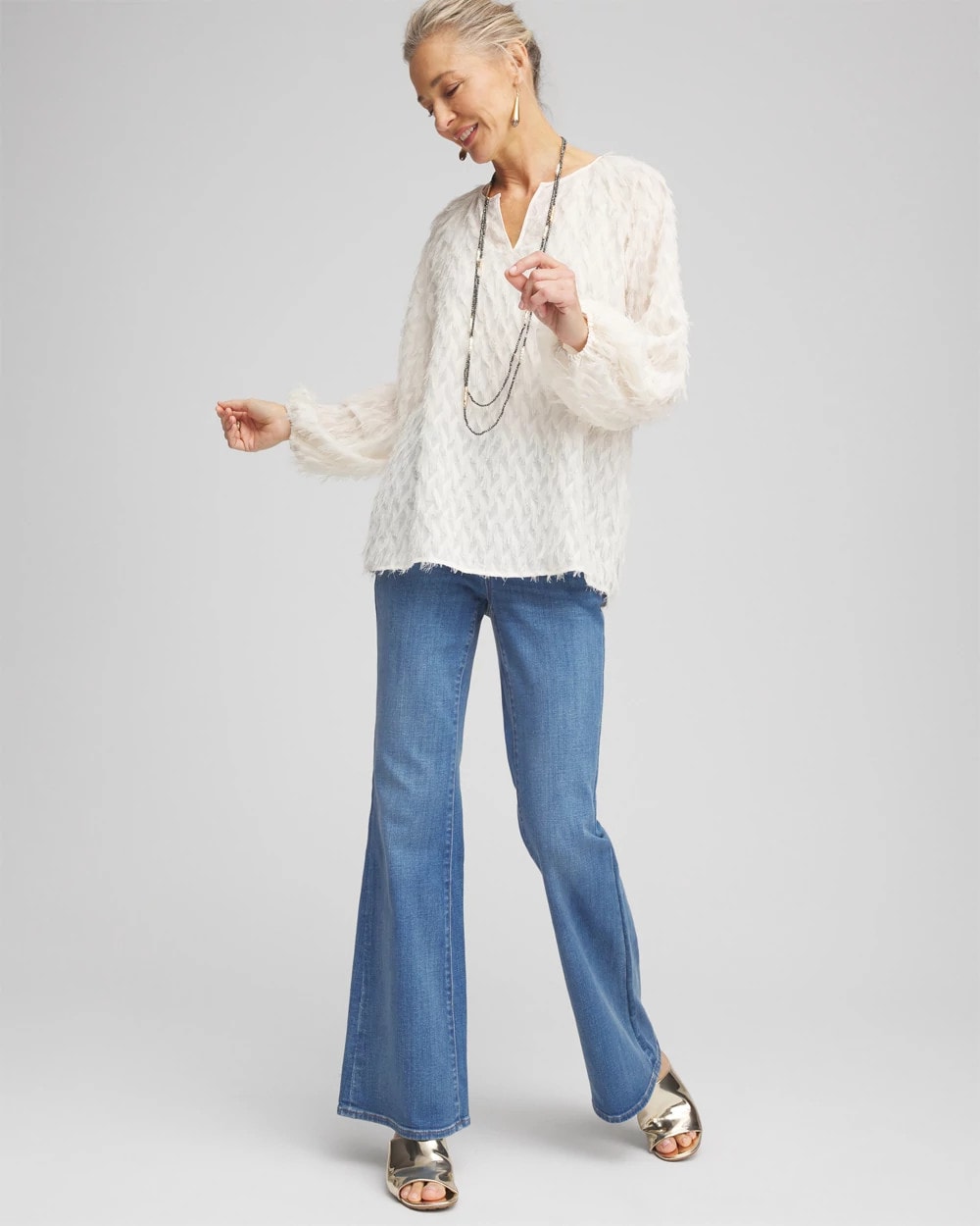 Chico's Feathered Pullover Peasant Blouse