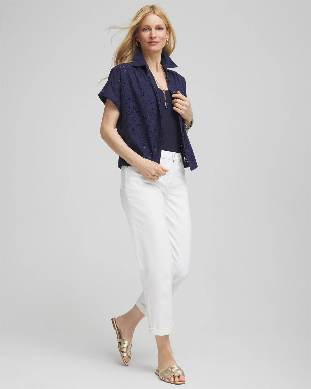 Chico's Embroidered Eyelet Button-down Top