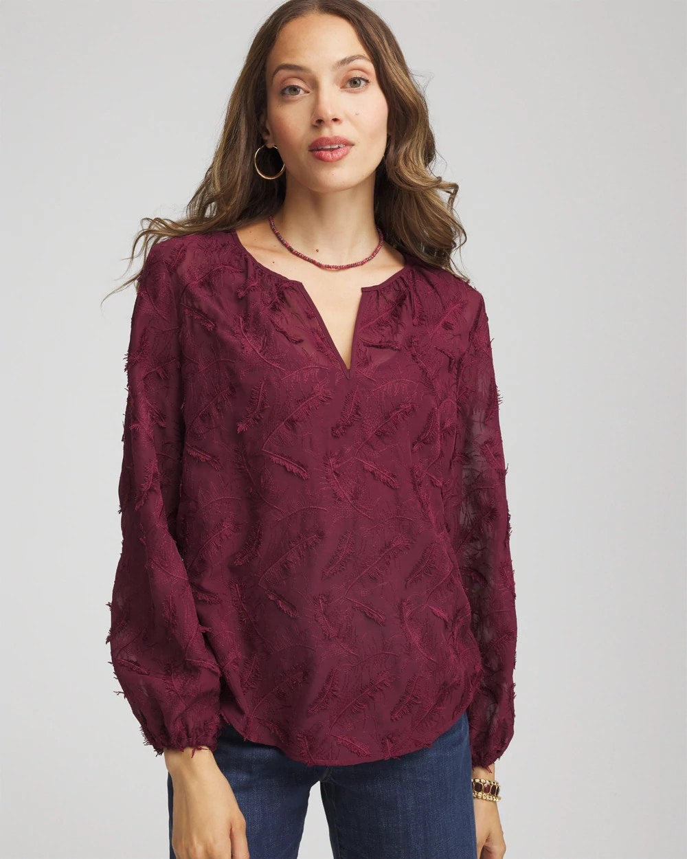 Chico's Feathered Pullover Peasant Blouse