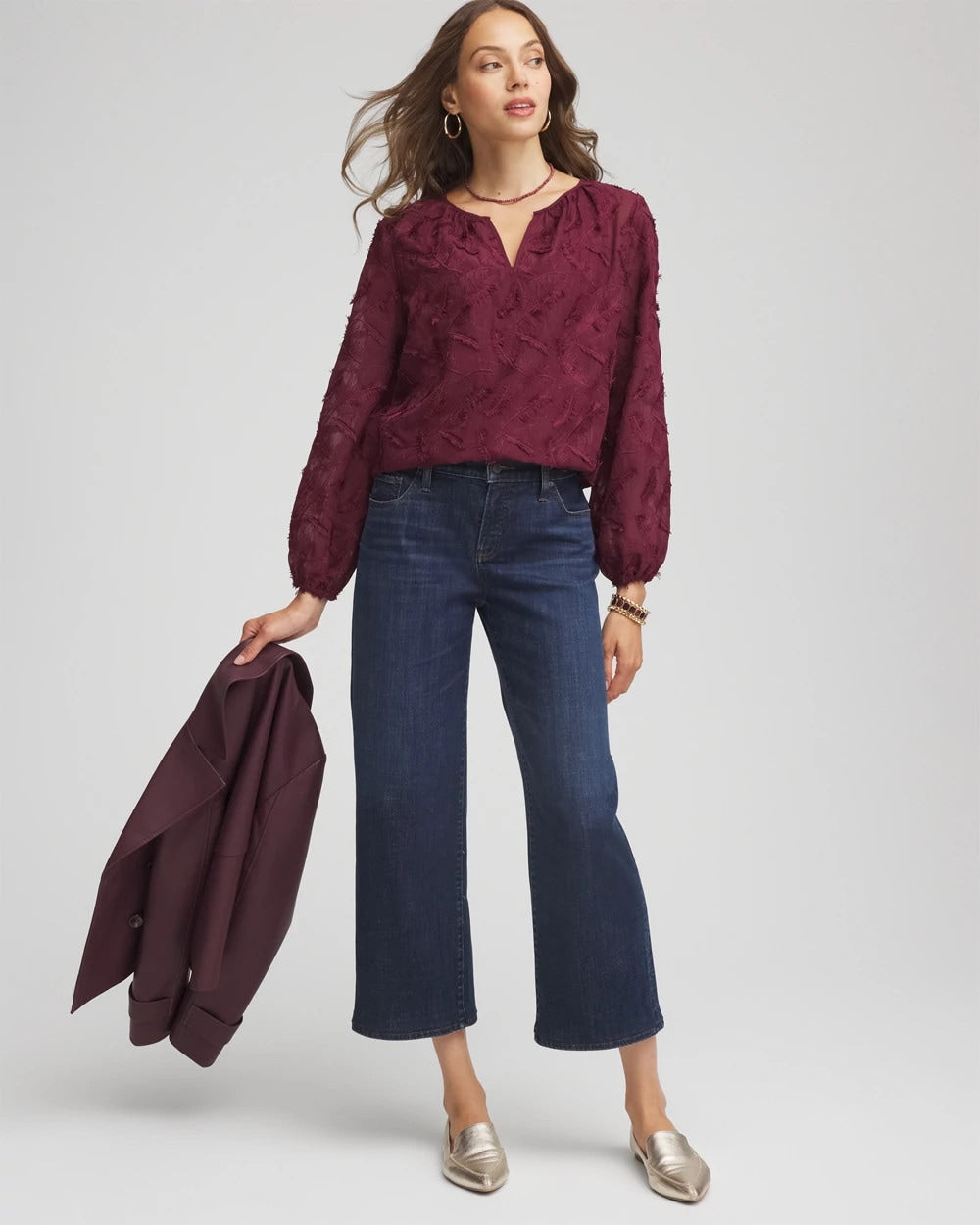 Chico's Feathered Pullover Peasant Blouse