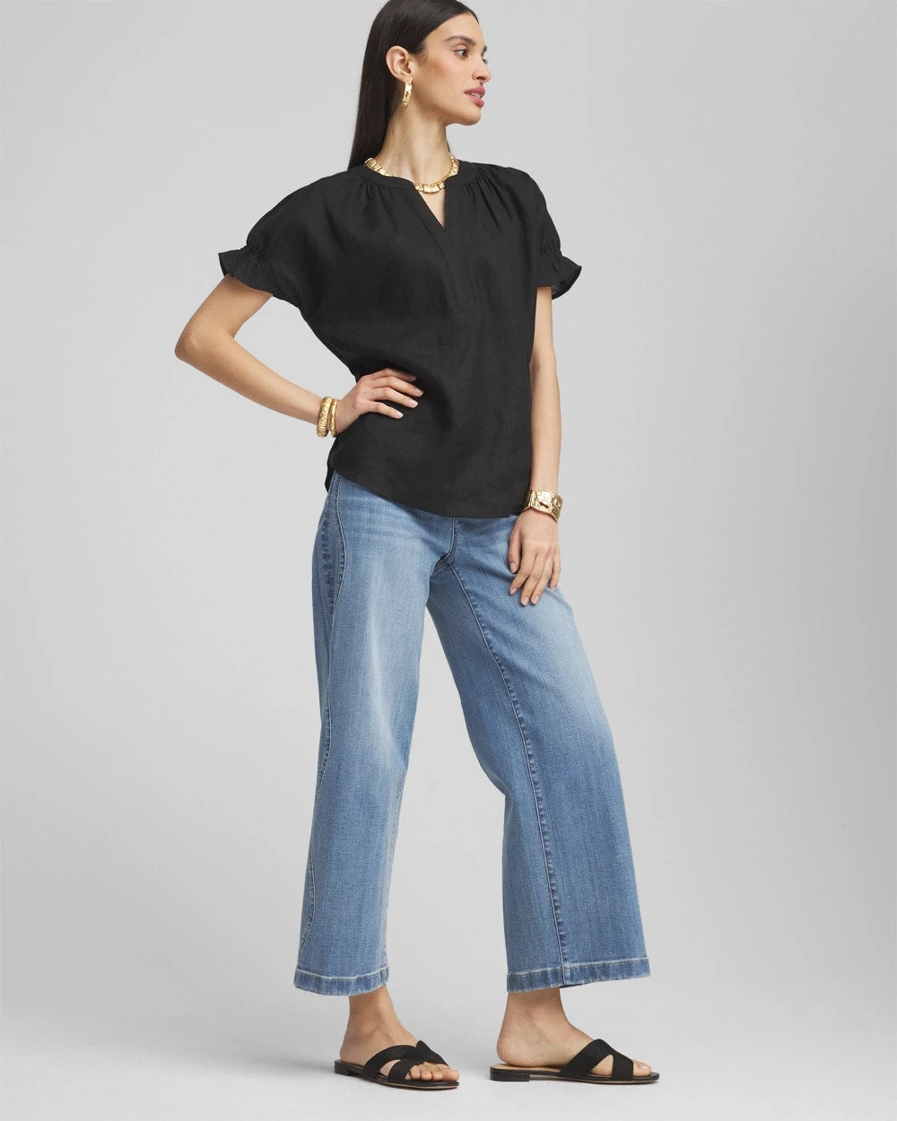 Chico's Linen Flutter-Sleeve Popover Top
