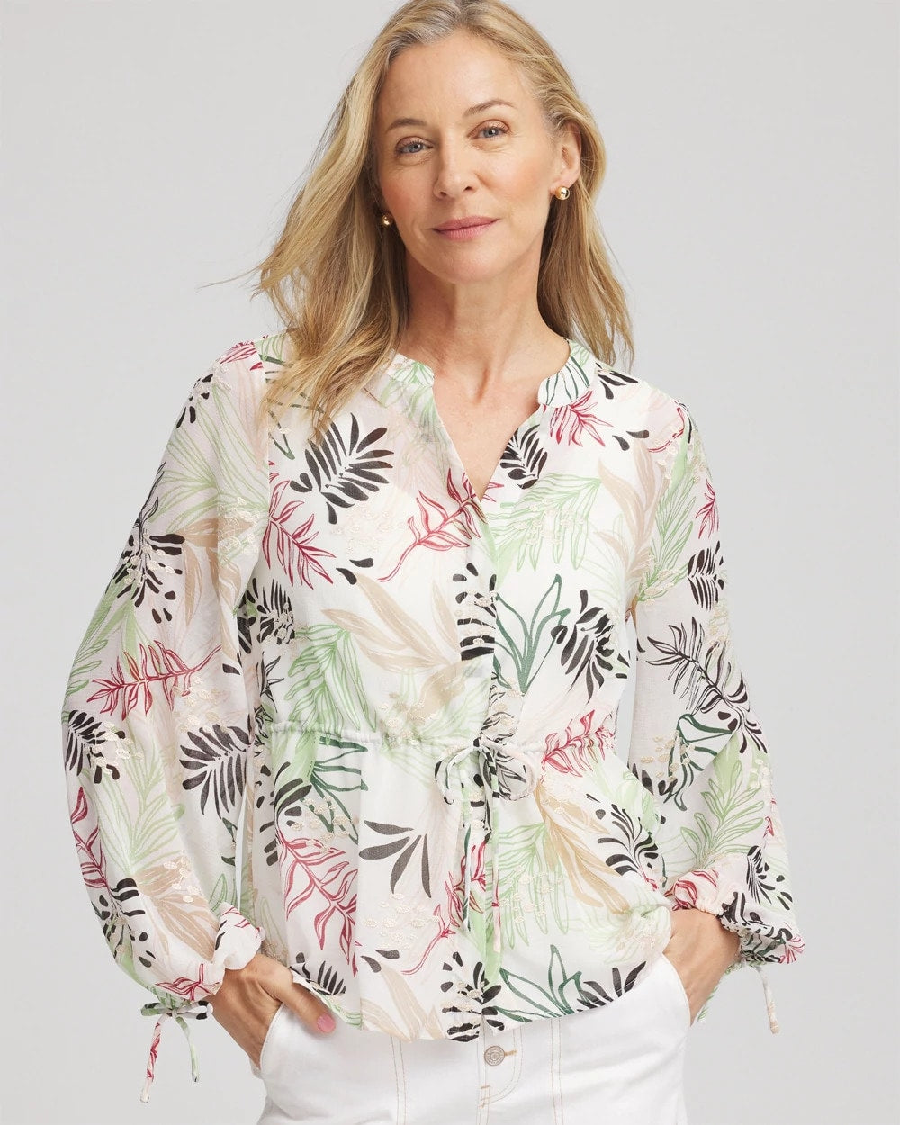 Chico's Drawstring Crinkle Chiffon Blouse