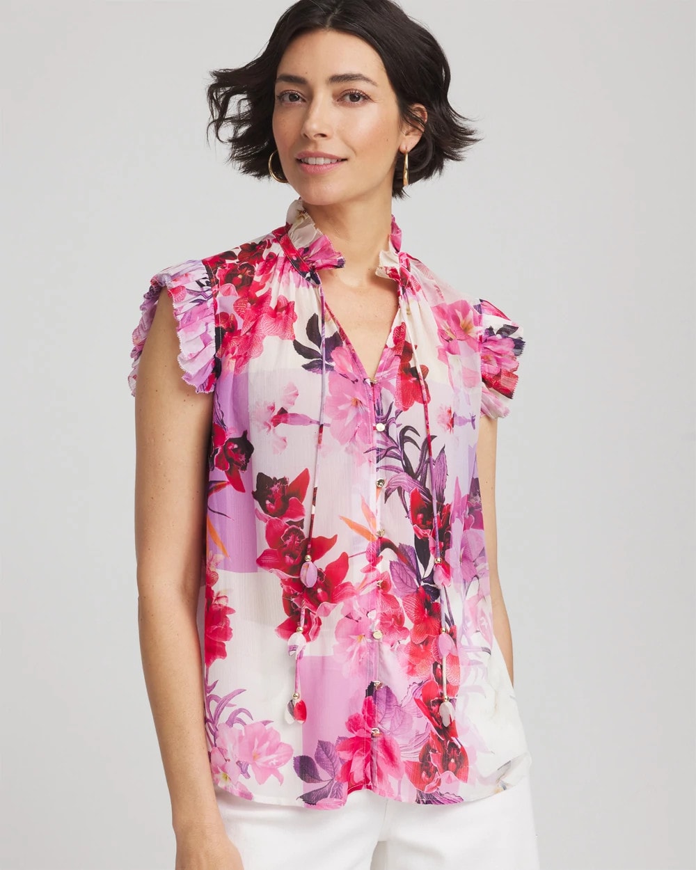 Chico's Floral Ruffle Collar Blouse