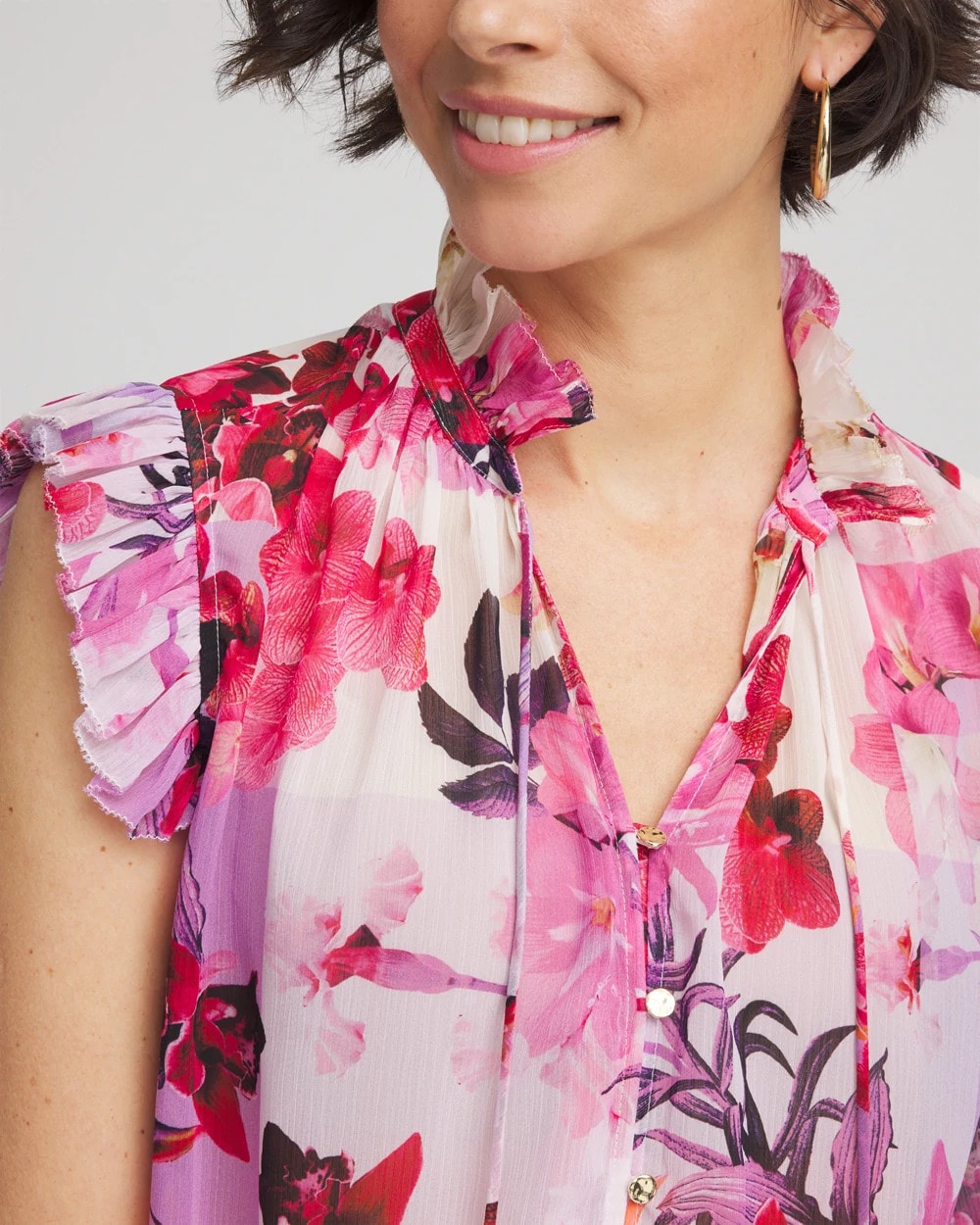 Chico's Floral Ruffle Collar Blouse