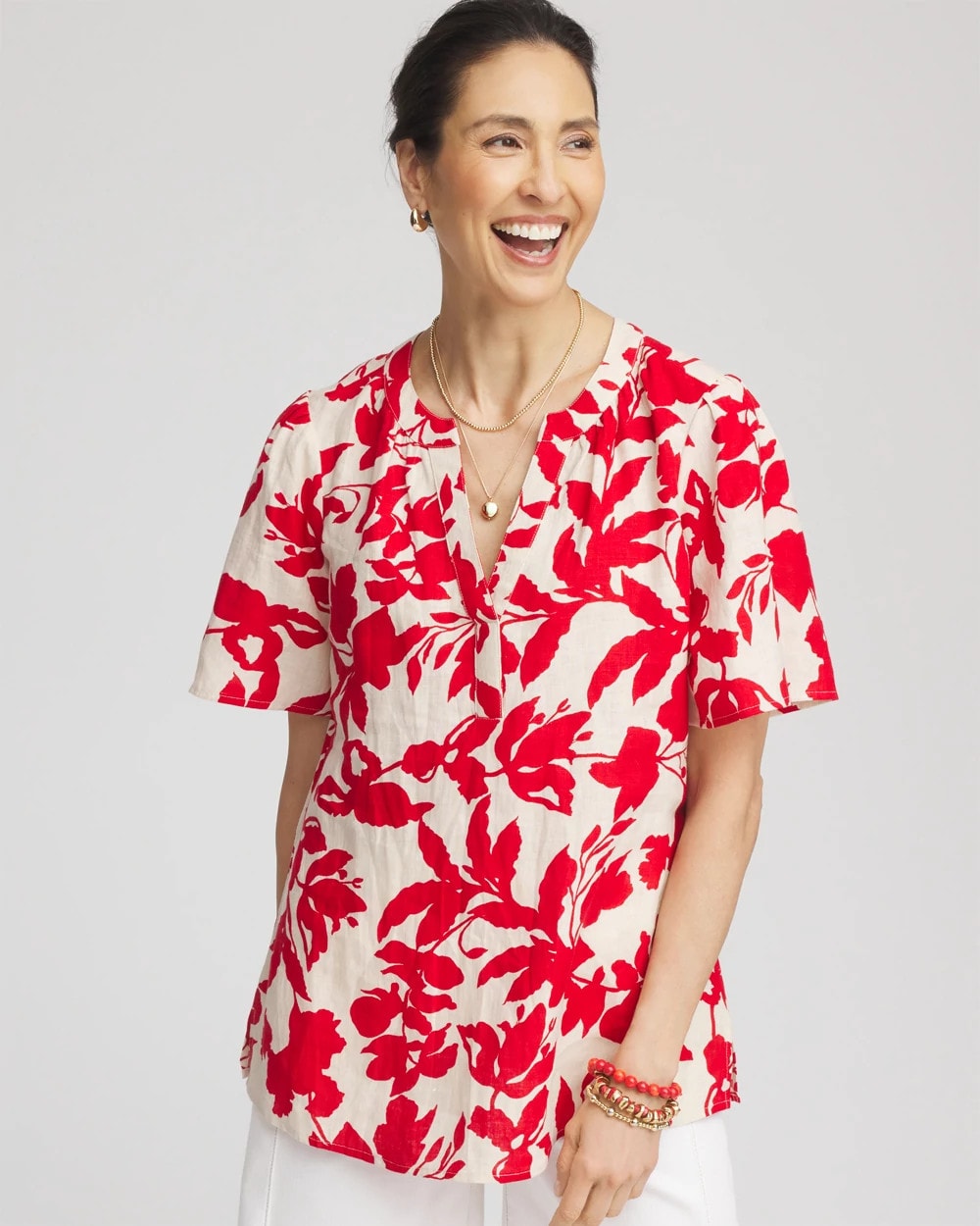 Chico's Floral Linen Popover Shirt