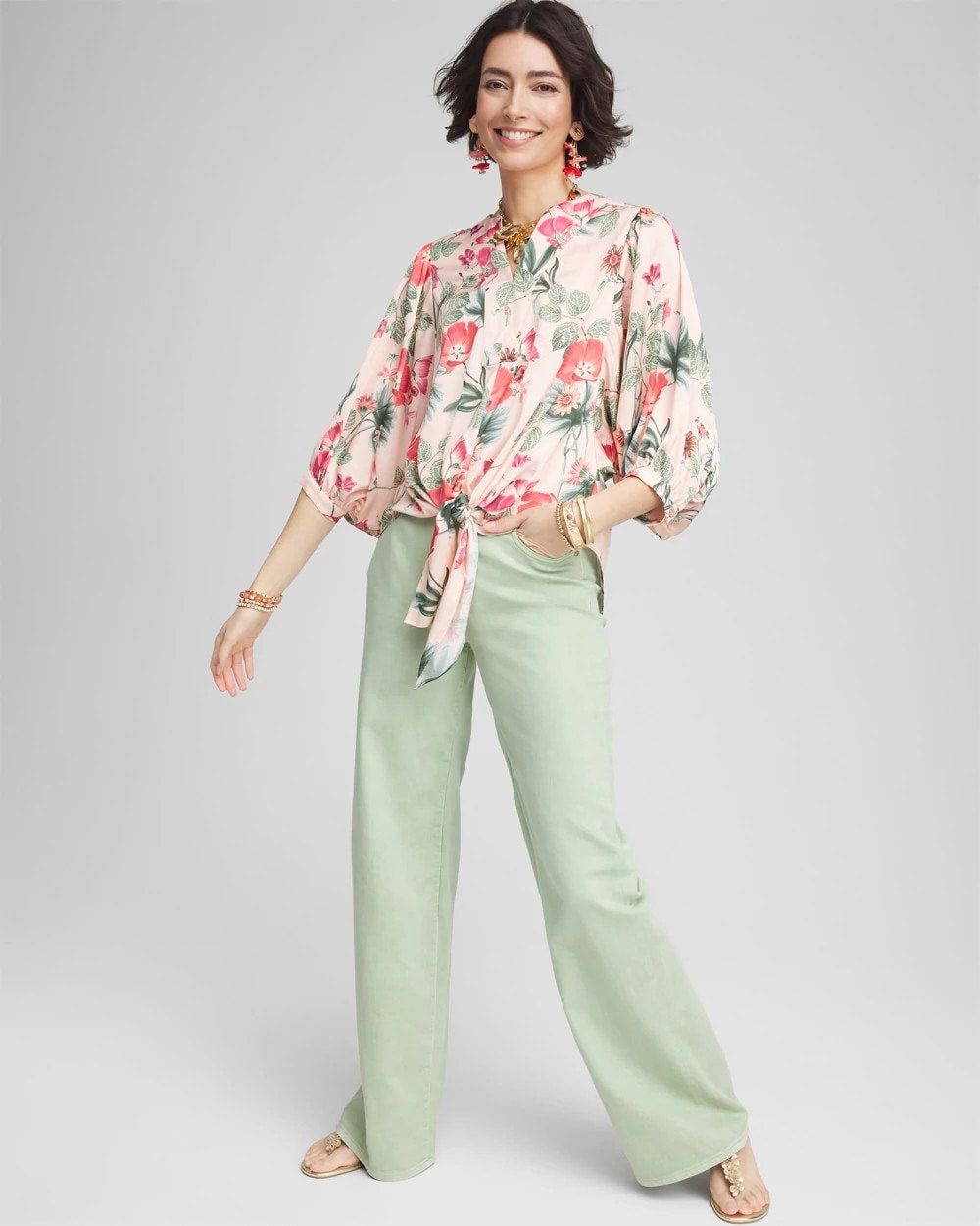 Chico's Floral Satin Tie-Front Pullover Top