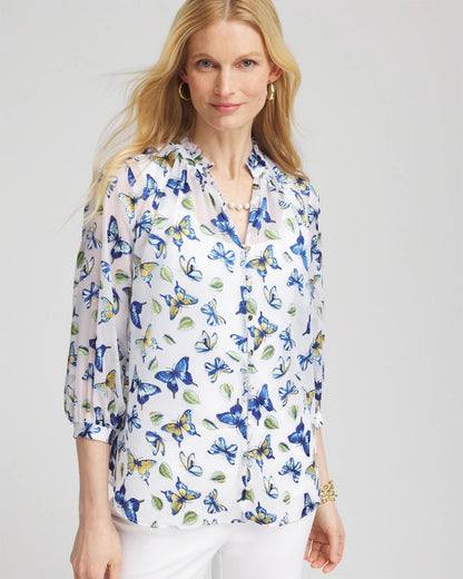 Chico's Ruffle Collar Butterfly Burnout Blouse
