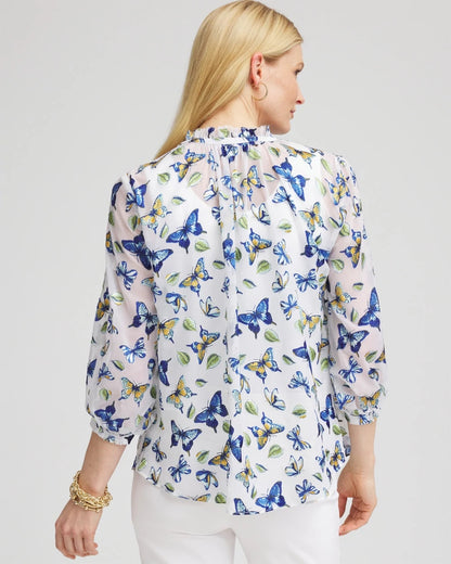 Chico's Ruffle Collar Butterfly Burnout Blouse