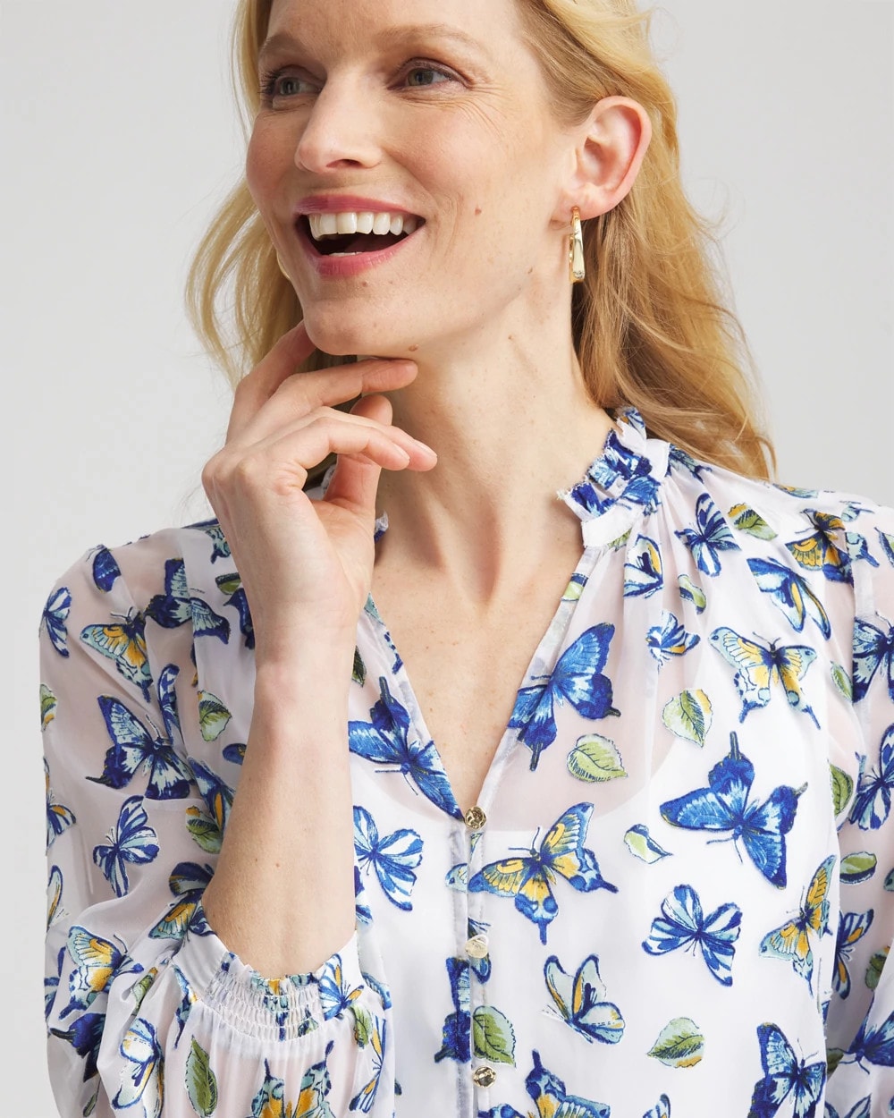 Chico's Ruffle Collar Butterfly Burnout Blouse