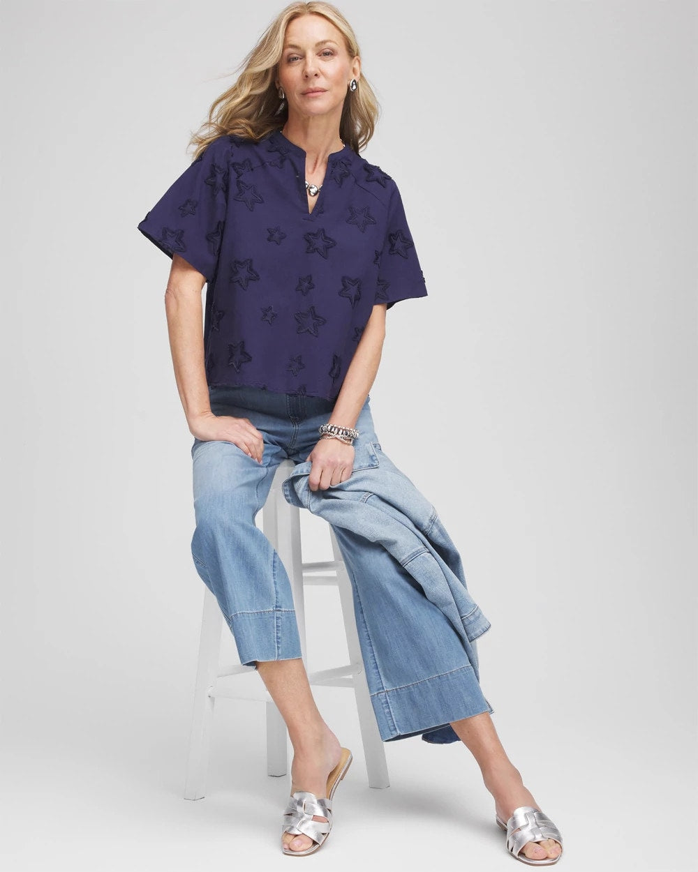 Chico's Embroidered Star Split Neck Blouse