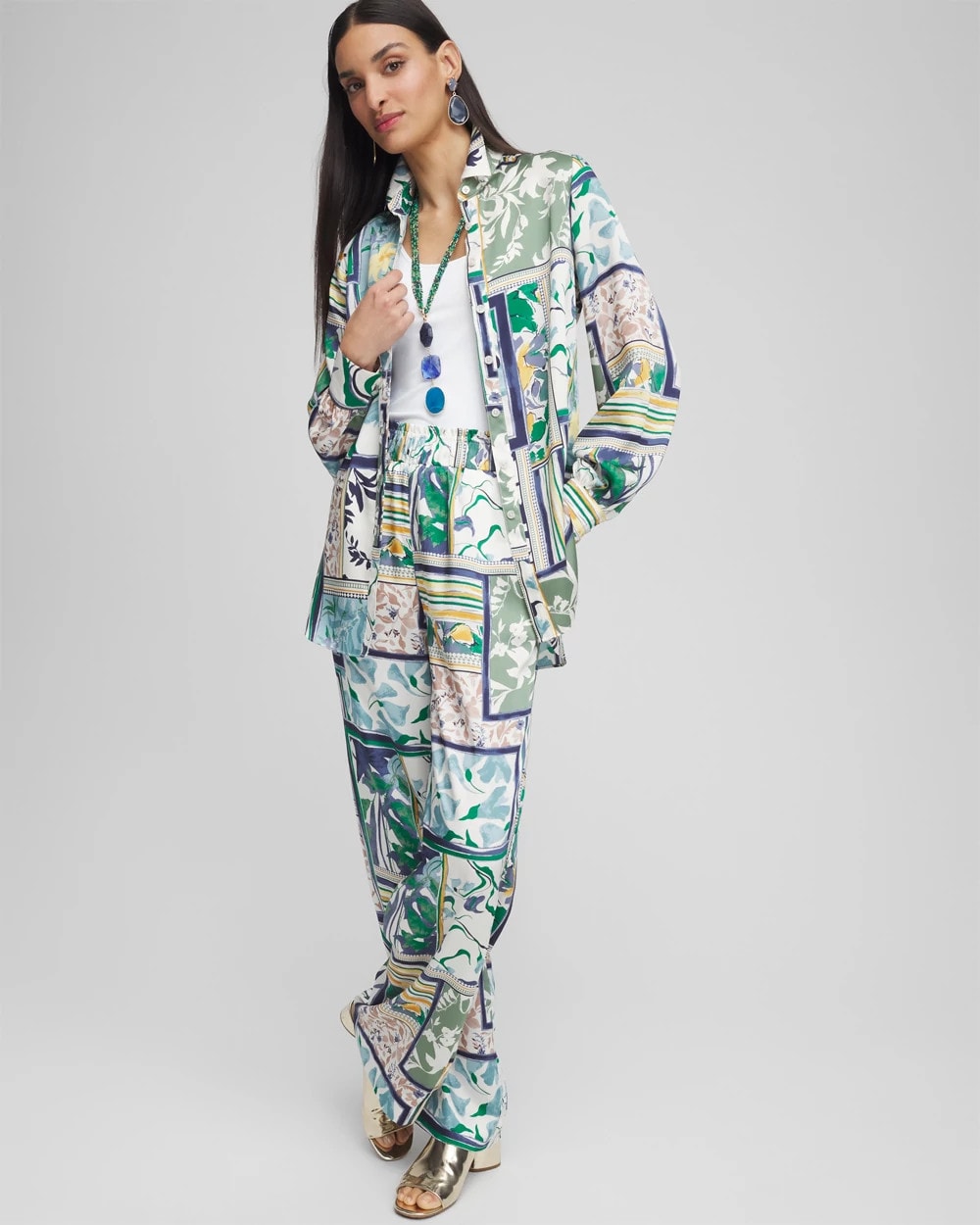 Chico's Faux Silk Coastal Collared Shirt