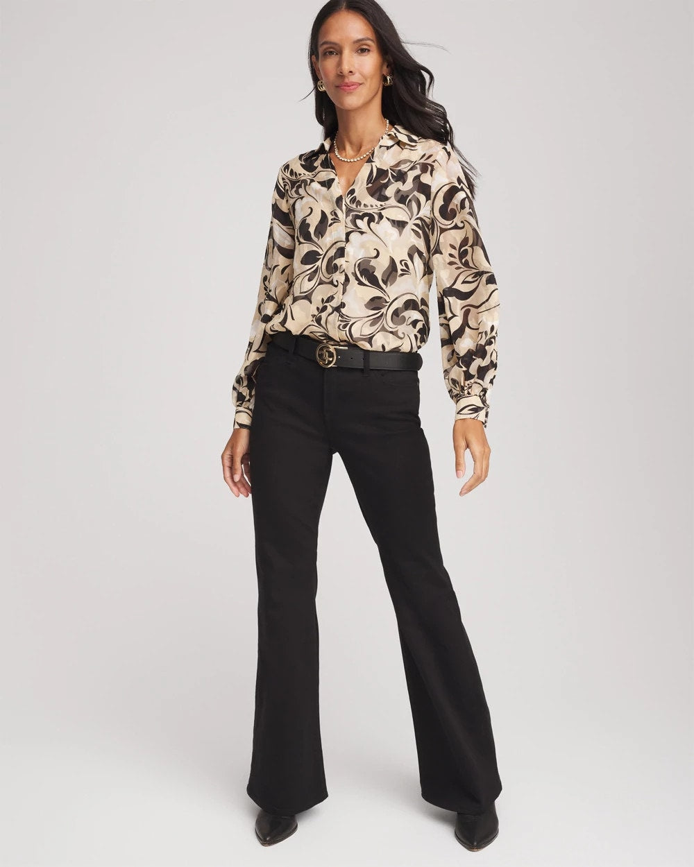 Chico's Floral Burnout Blouson-Sleeve Blouse