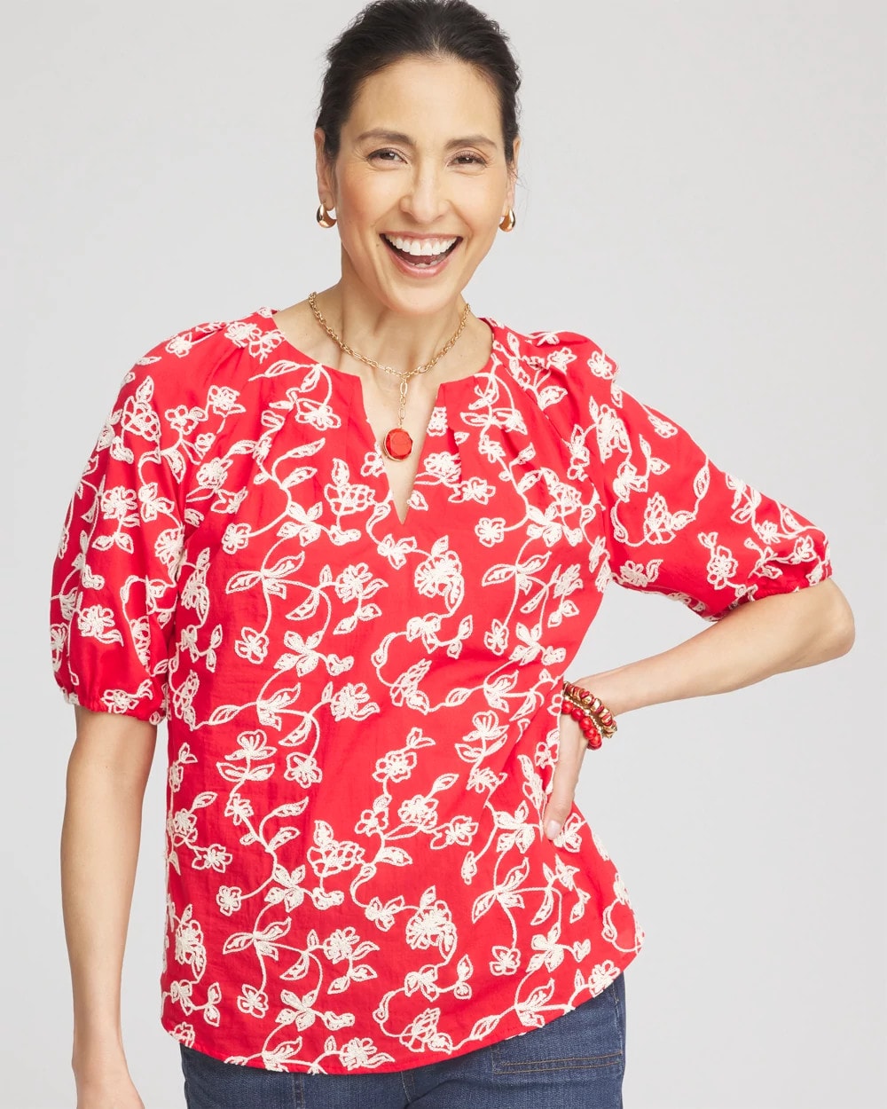 Chico's Floral Embroidered Cotton Peasant Blouse